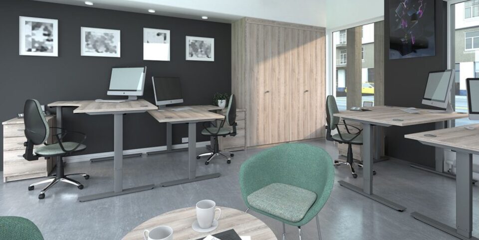 J-Shape Height Adjustable Desking Feature Image Hawk Height Adjustable Desks